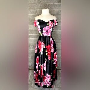 Floral Off Shoulder Maxi Dress Black Pink Flowers Slit Pockets Satin look M/L